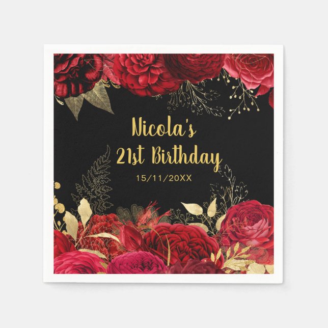 Elegant Red and Gold Flowers Birthday Party Serviette (Vorderseite)