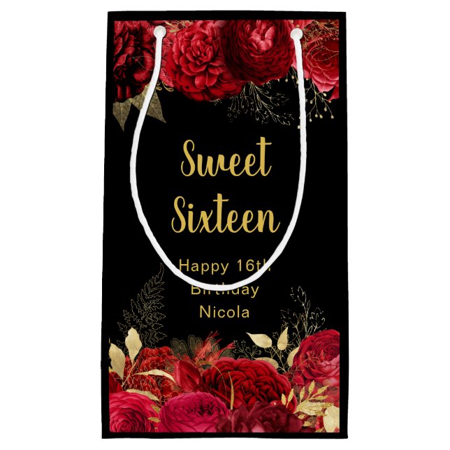 Elegant Red and Gold Flowers Sweet Sixteen  Kleine Geschenktüte (Vorderseite)