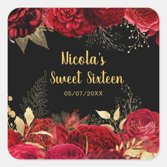 Elegant Red and Gold Flowers Sweet Sixteen  Quadratischer Aufkleber (Vorderseite)