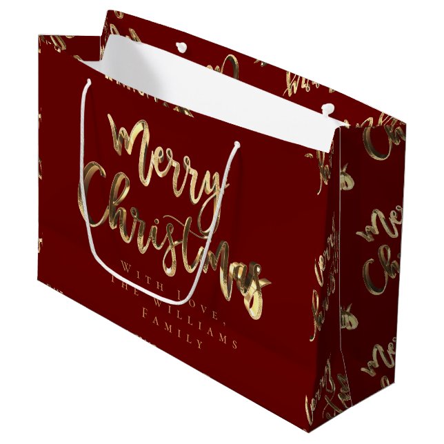 Elegant Red and Gold Look Script Frohe Weihnachten Große Geschenktüte (Vorderseite Schrägansicht)