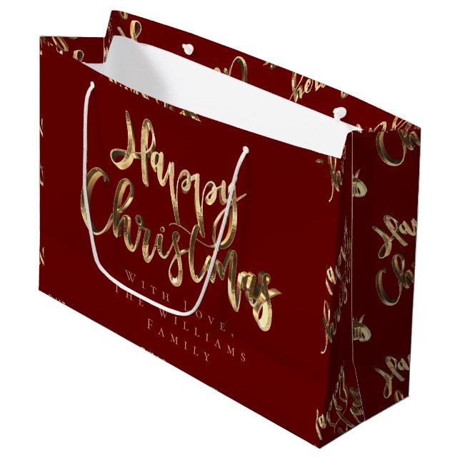 Elegant Red and Gold Look Script Glücklich Weihnac Große Geschenktüte (Vorderseite Schrägansicht)