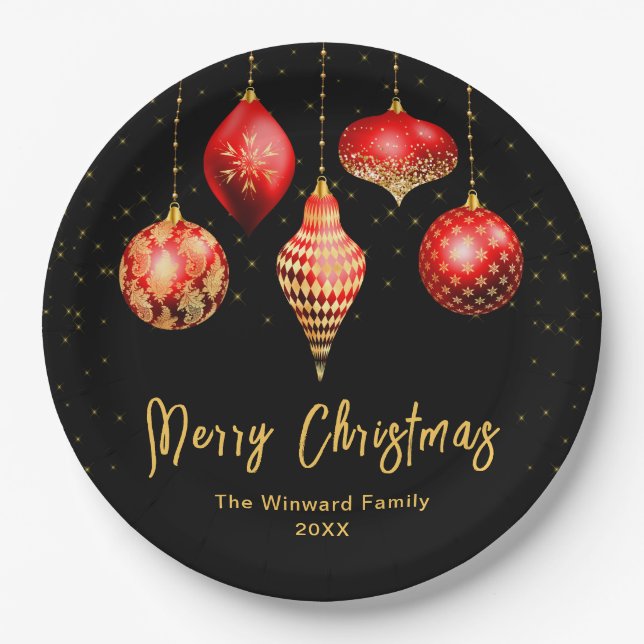 Elegant Red and Gold Ornament Christmas Pappteller (Vorderseite)