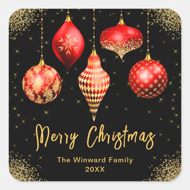Elegant Red and Gold Ornament Christmas Quadratischer Aufkleber (Vorderseite)