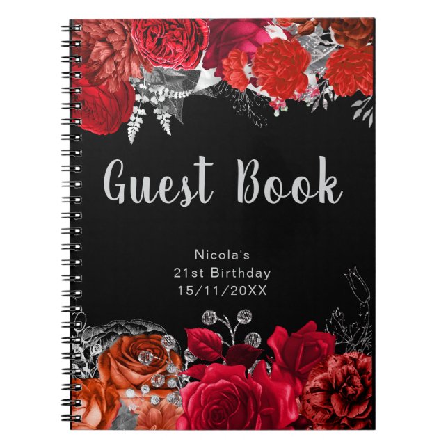 Elegant Red and Silver Flowers Birthday Guest Book Notizblock (Vorderseite)