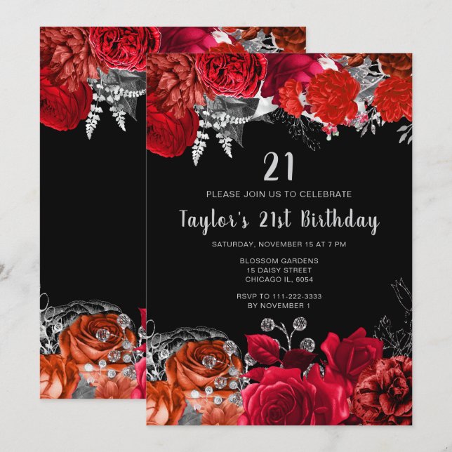 Elegant Red and Silver Flowers Birthday Party Einladung (Vorne/Hinten)