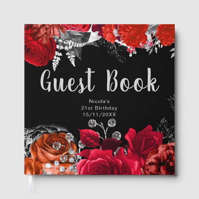 Elegant Red and Silver Flowers Birthday Party Gästebuch (Vorderseite)
