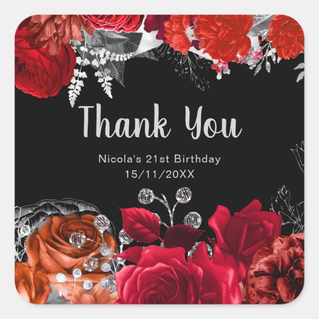 Elegant Red and Silver Flowers Birthday Party Quadratischer Aufkleber (Vorderseite)