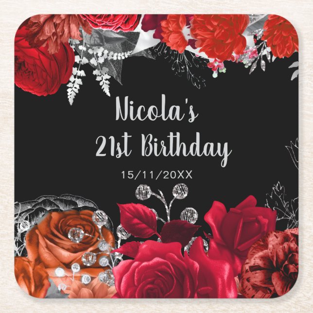 Elegant Red and Silver Flowers Birthday Party  Rechteckiger Pappuntersetzer (Vorderseite)