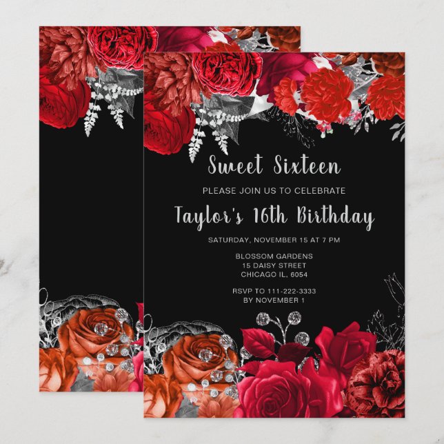 Elegant Red and Silver Flowers Sweet Sixteen Einladung (Vorne/Hinten)