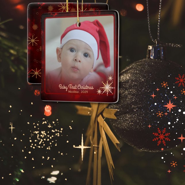 Elegant Red Baby First Foto Weihnachten Keramikornament (Elegant Red Baby First Photo Christmas Ceramic Ornament)