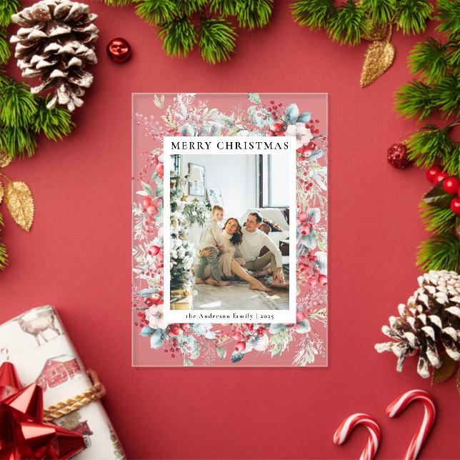 Elegant Red Berries Family Photo Christmas Card Acryleinladungen (Insitu (Feiertag))