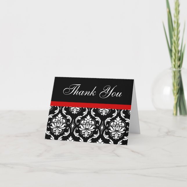 Elegant Red Black Damask Wedding Danke Notizen (Vorderseite)