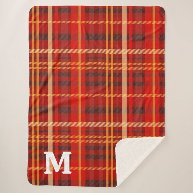 Elegant Red Black Plaid Monogram Custom  Sherpadecke (Vorderseite)