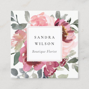 ELEGANT RED BLUSBURGUNDY WATERCOLOR ROSE FLORAL QUADRATISCHE VISITENKARTE