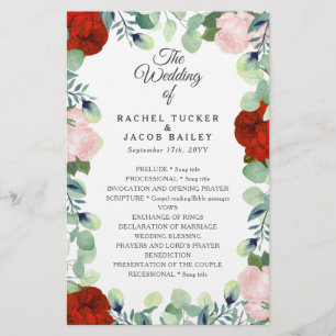 Elégant Red Blush Rose Green Wedding Programme
