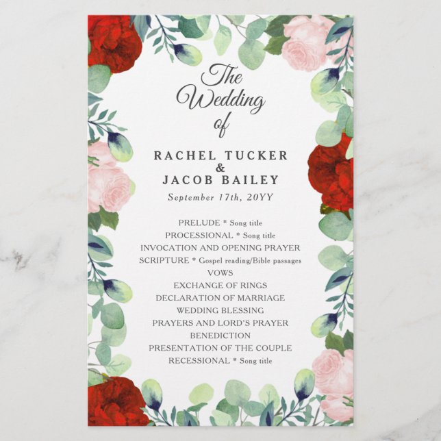 Elégant Red Blush Rose Green Wedding Programme (Devant)