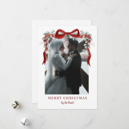 Elegant Red Bow and Eucalyptus Photo Christmas Ar Feiertagskarte