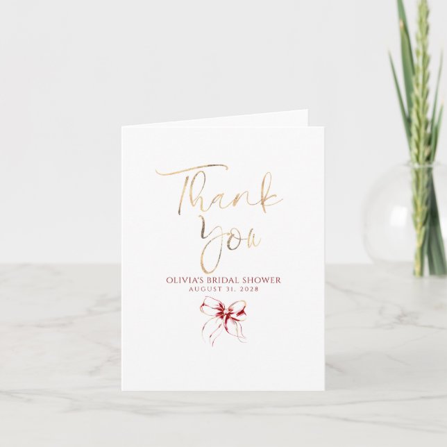 Elegant Red Bow Bridal Shower Thank You Dankeskarte (Vorderseite)