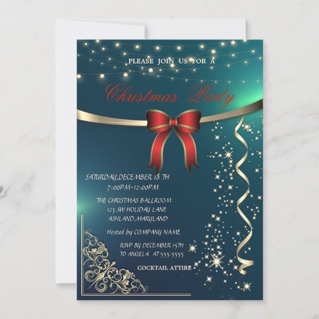 Elegant Red Bow, Confetti Green Company Weihnachte Einladung (Vorderseite)