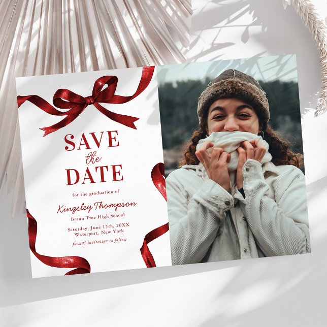 Elegant Red Bow Graduation Save the Date (Von Creator hochgeladen)