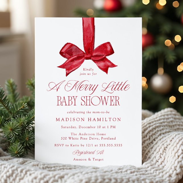 Elegant Red Bow Merry Little Christmas Baby Shower Einladung (Von Creator hochgeladen)