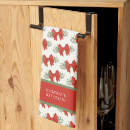 Elegant Red Bow with greenery Monogram Name Geschirrtuch