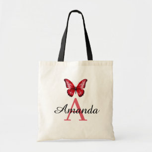 Elegant Red Butterfly Name Monogrammiert Tragetasche