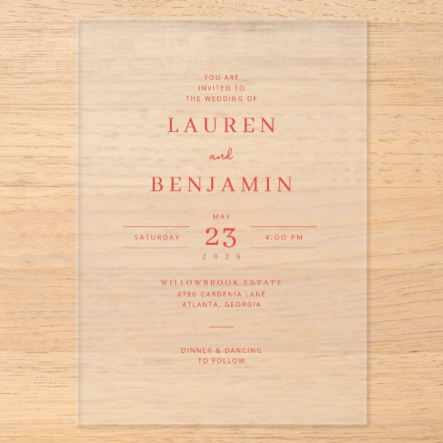 Elegant Red Calligraphy Wedding Invitation Acryleinladungen (Vorderseite)