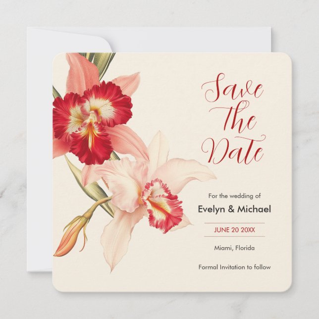 Elegant Red Cattleya Orchids Wedding speichern das Save The Date (Vorderseite)