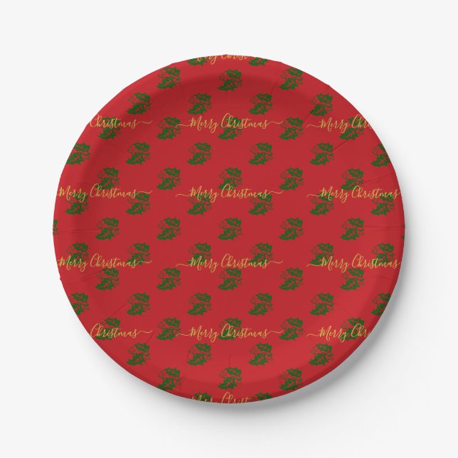 Elegant Red Custom Christmas Holly Pappteller (Vorderseite)