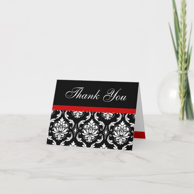 Elegant Red Damask Monogram Wedding Danke Notiz (Vorderseite)