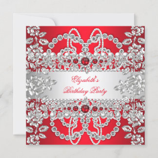 Elegant Red Diamonds Silver Floral Geburtstagspart Einladung