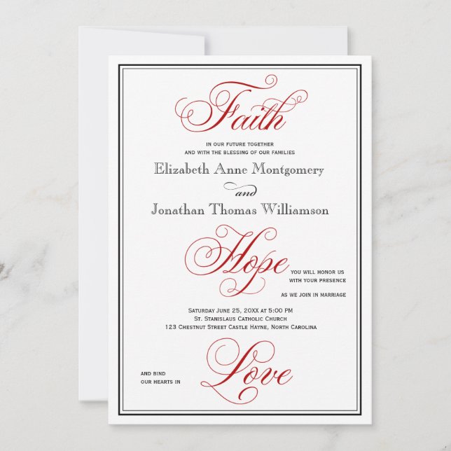 Elegant Red Faith Hope Liebe Wedding Einladung (Vorderseite)
