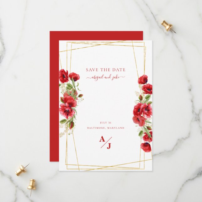 Elegant Red Floral Geometric Save the Date (Vorderseite/Rückseite Beispiel)