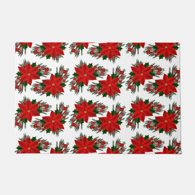 Elegant Red Floral Poinsettia Pine Greenerity Blät Fußmatte (Vorderseite)