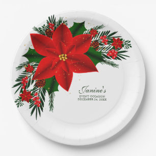 Elegant Red Floral Poinsettia Pine Greenerity Blät Pappteller