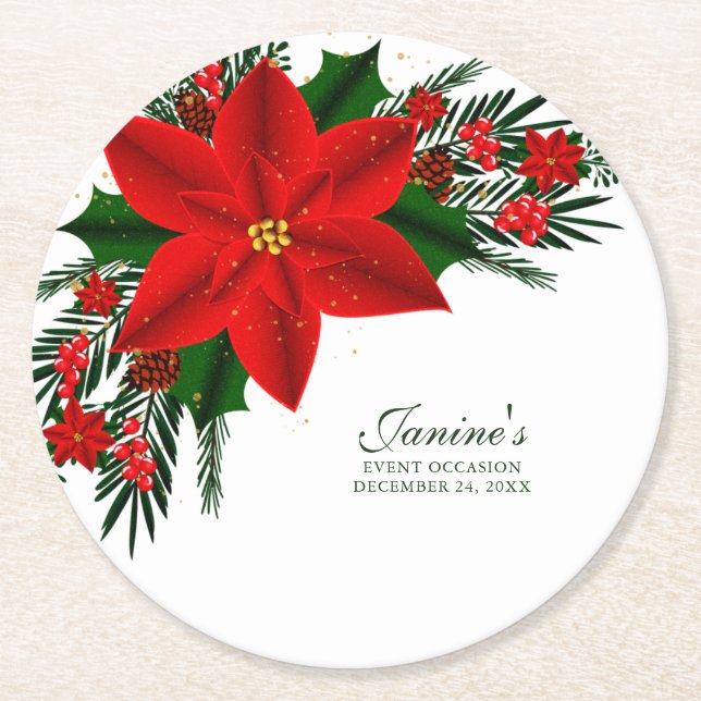Elegant Red Floral Poinsettia Pine Greenerity Blät Runder Pappuntersetzer (Vorderseite)