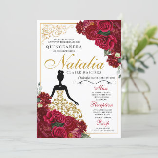 Elegant Red Floral Quinceanera Birthday Einladung