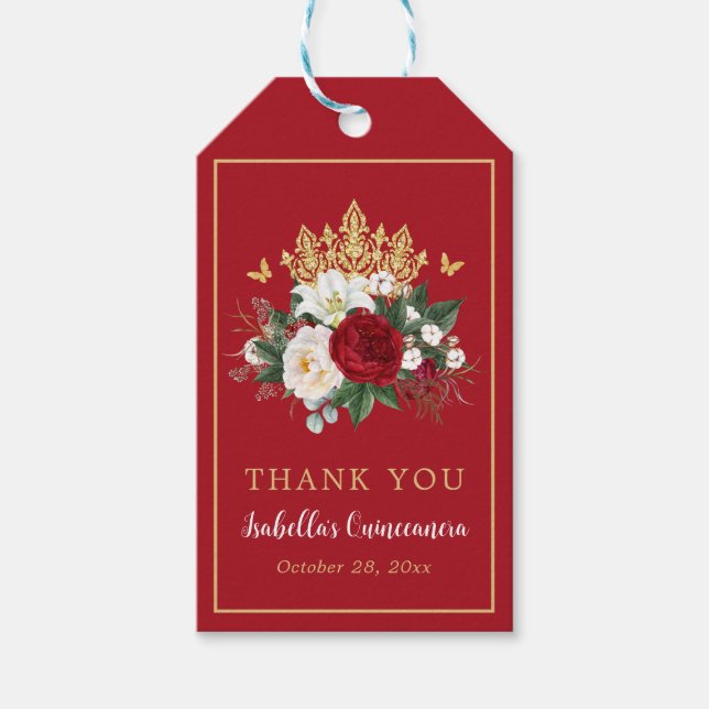 Elegant Red Floral Quinceañera Vielen Dank Geschenkanhänger (Vorderseite)