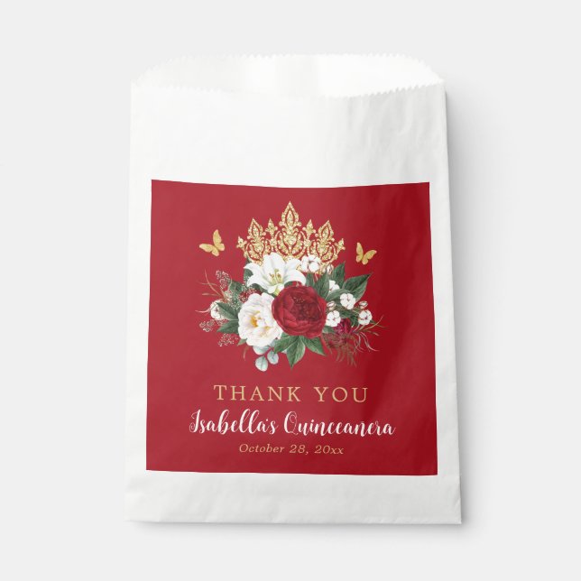 Elegant Red Floral Quinceañera Vielen Dank Geschenktütchen (Vorderseite)