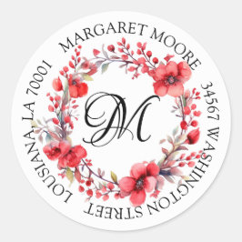 Elegant Red Floral Script Monogram Address Runder Aufkleber