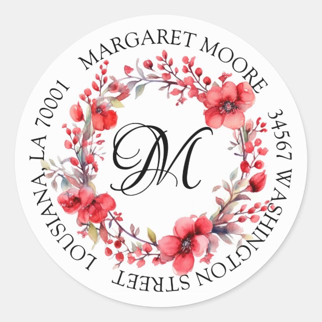 Elegant Red Floral Script Monogram Address Runder Aufkleber (Vorderseite)