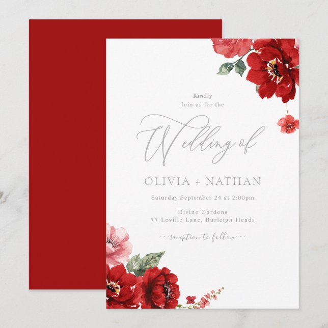 Elegant Red Floral Wedding Einladung (Vorne/Hinten)