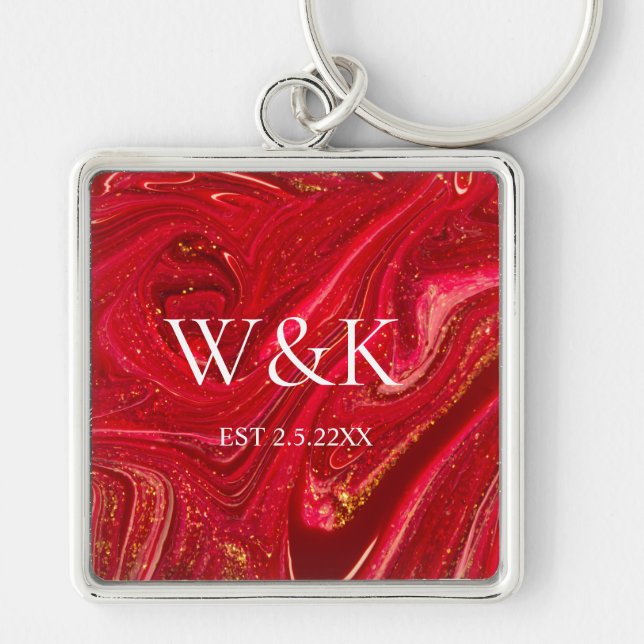 Elegant Red Glitter Initial Wedding Couple  Schlüsselanhänger (Vorne)