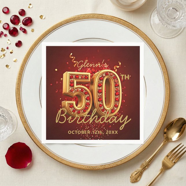 Elegant Red Gold 50th Birthday Party Glam Serviette (Von Creator hochgeladen)