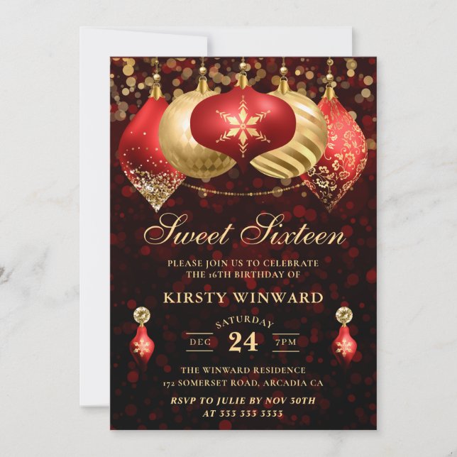 Elegant Red & Gold Christmas Baubles Sweet 16 Einladung (Vorderseite)