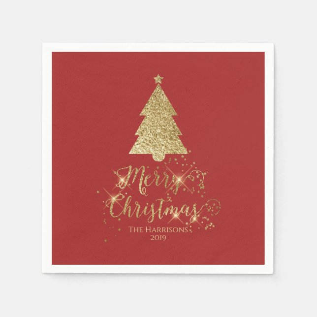 Elegant Red Gold Frohe Weihnachtssparkle Serviette (Vorderseite)