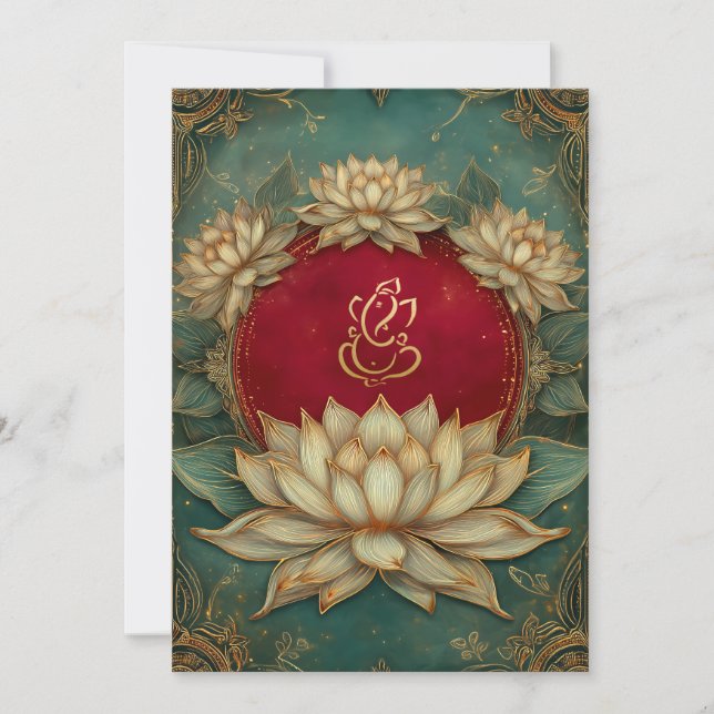 Elegant Red Gold Ganesha/Indian Lotus Wedding Einladung (Vorderseite)