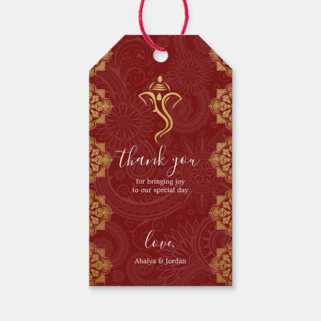 Elegant Red & Gold Ganesha & Mehndi Hindu Wedding Geschenkanhänger (Vorderseite)