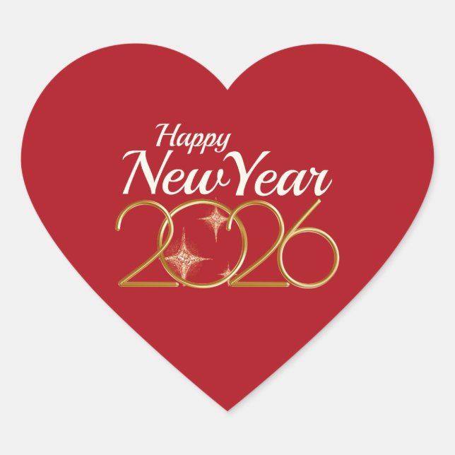 Elegant Red & Gold “Happy New Year 2026”  Herz-Aufkleber (Vorderseite)